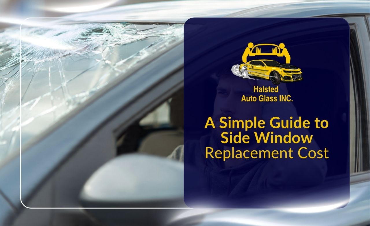 Driver learning about side window replacement cost for a damaged car window